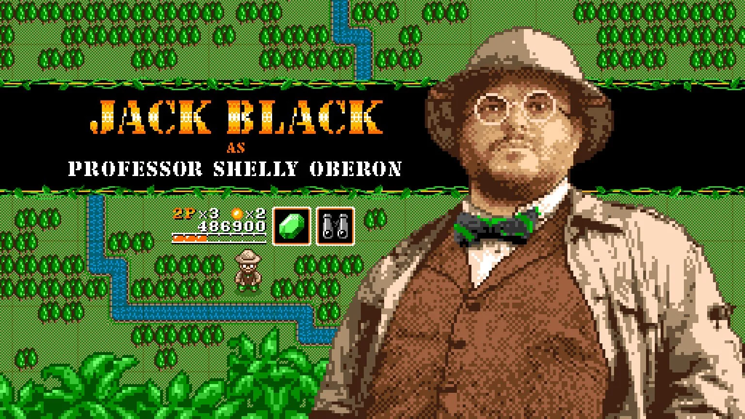 Pixel art 8-bit portrait of Jack Black by illustrator Jude Buffum