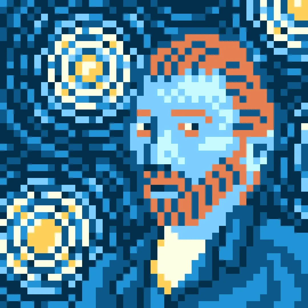 Pixel art 8-bit portrait of Vincent Vangogh by illustrator Jude Buffum