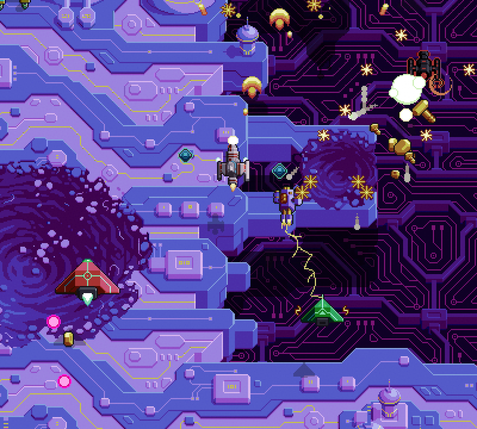 Pixel art screenshot from Hyper Echelon showing a top-down space shooter with circuit-board environments, enemy ships, and projectile effects.