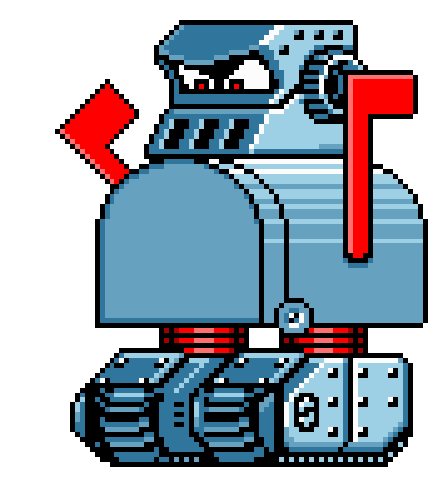Pixel art robot shaped like a blue mailbox on tank treads with two red flags and angry eyes, shown on a white background.