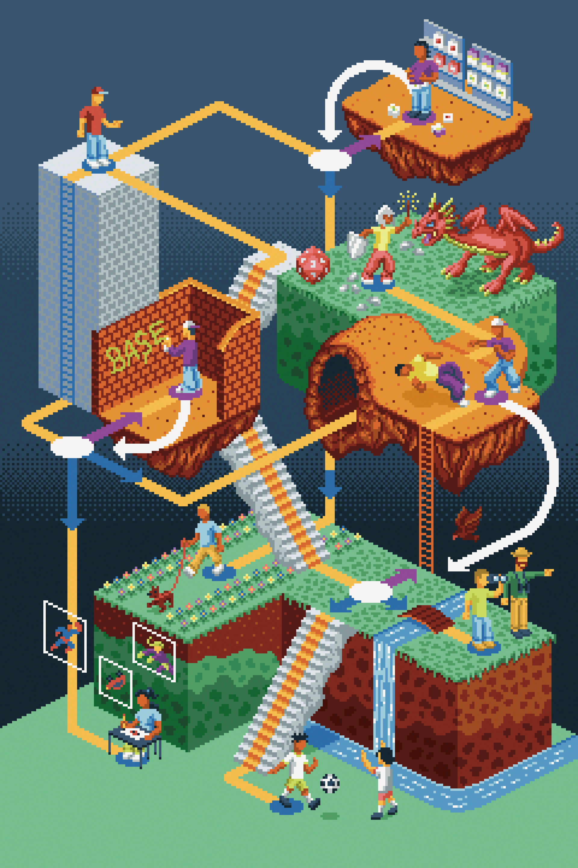 Isometric pixel art illustration of a maze made of floating platforms, showing multiple paths and decision points. Youth characters navigate different routes, including creative activities like drawing, sports, and school, contrasted with risky scena