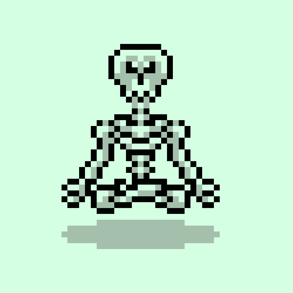 Pixel art 8-bit animation of a meditating skeleton from Frenpet video game by illustrator Jude Buffum