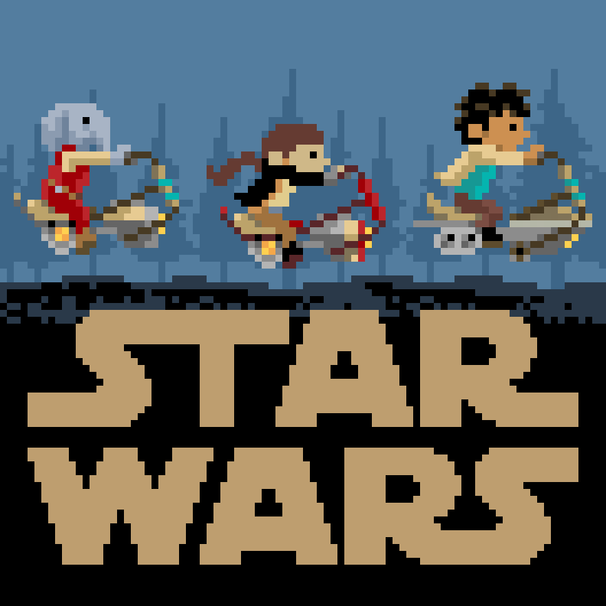 Pixel art 8-bit animation of 3 kids from Star Wars Skeleton Crew riding hover bikes by illustrator Jude Buffum