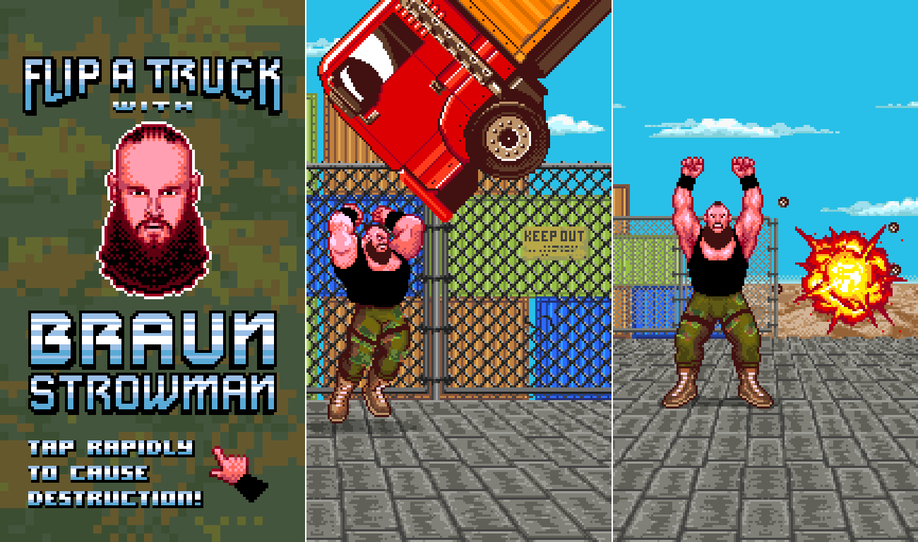 Instagram Story game animation for WWE, featuring a pixel art simulation of Braun Strowman flipping a truck in an arcade fighting style by Jude Buffum.
