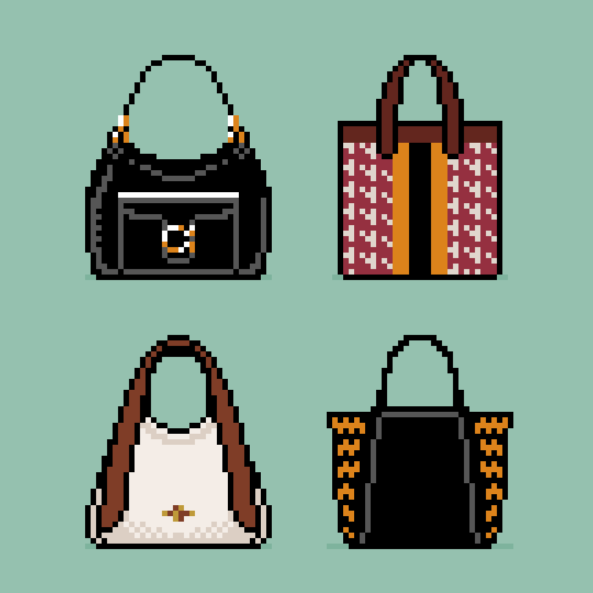 Pixel art 8-bit animation of Coach bags opening and closing by illustrator Jude Buffum