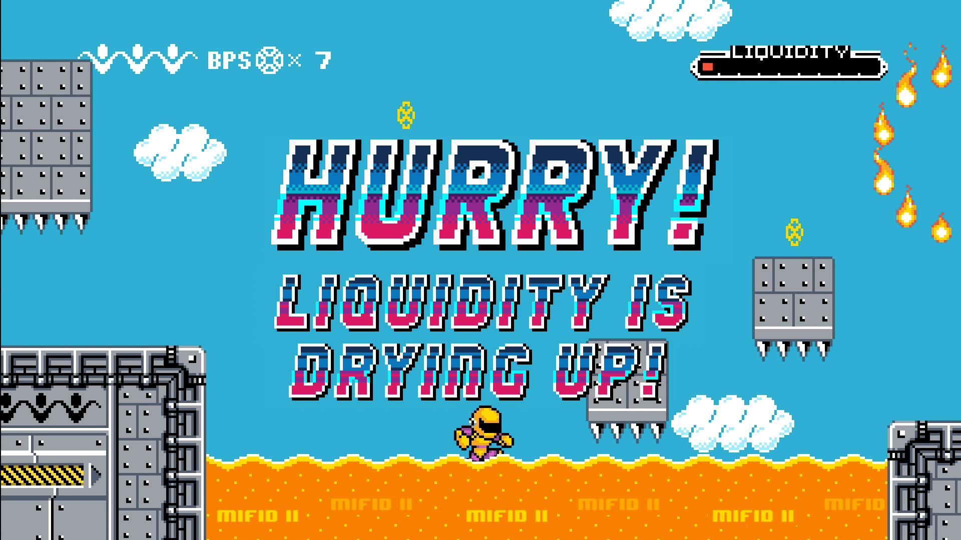 Fintech marketing campaign for Liquidnet, featuring a pixel art hero's journey that simulates a side-scrolling adventure game by Jude Buffum.