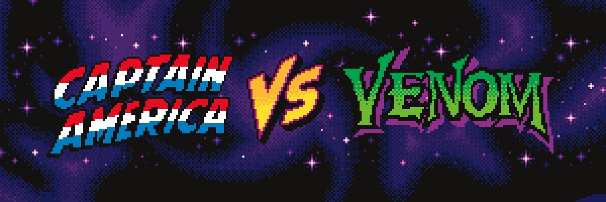 Typographic treatment for Hasbro Marvel Legends Gamerverse, featuring pixel art versions of Captain America and Venom logos in a 90s arcade style by Jude Buffum.