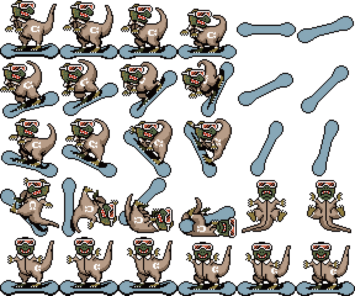 Pixel art 8-bit sprite sheet of a snowboarding dinosaur by illustrator Jude Buffum