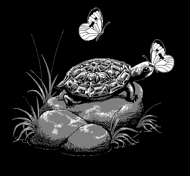 Black and white 1-bit pixel art animation by Uno Moralez featuring a turtle and butterflies.