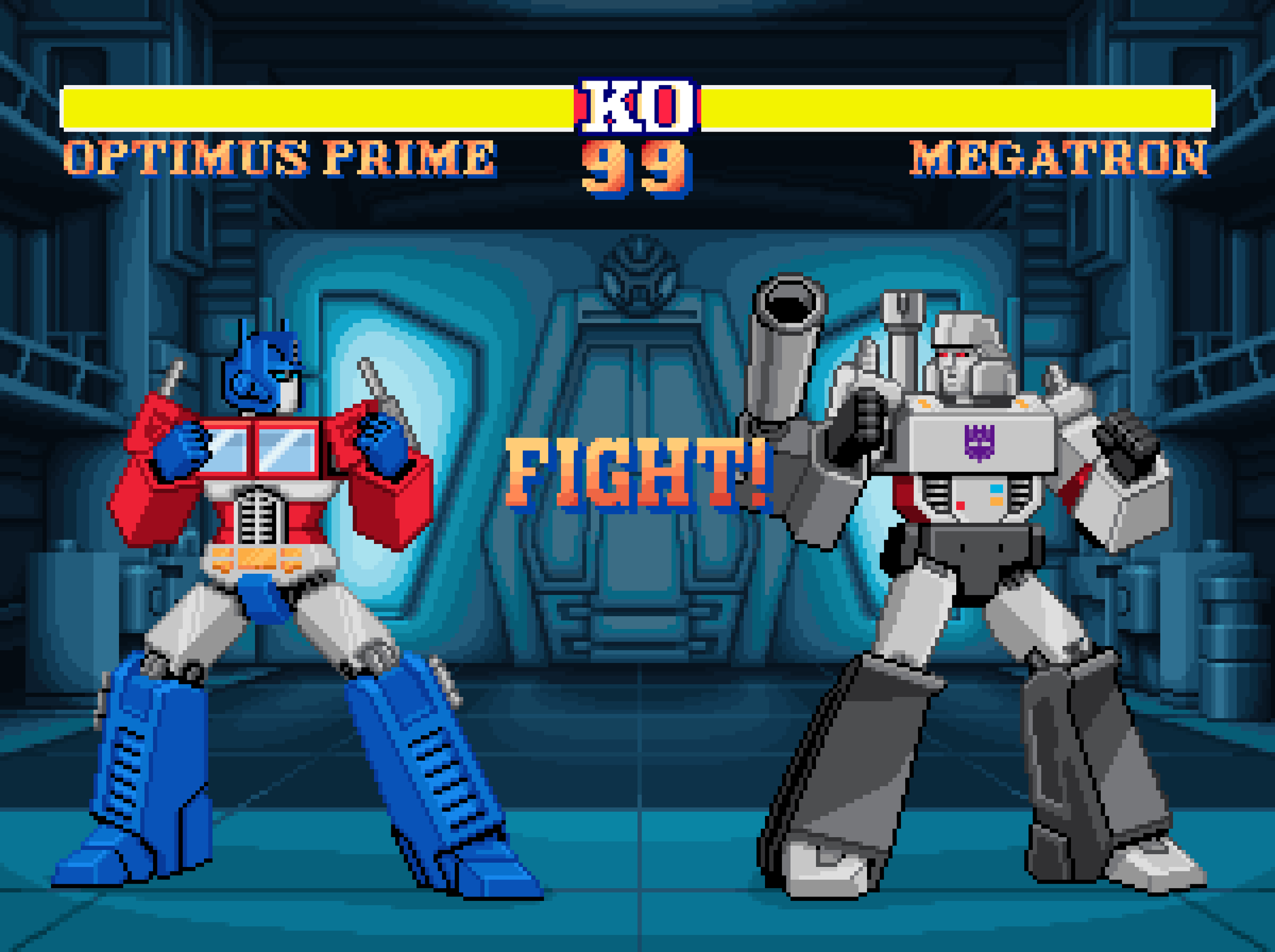 16-bit pixel art of Optimus Prime vs. Megatron in a Street Fighter-style fighting game matchup, by illustrator Jude Buffum for Paramount Pictures