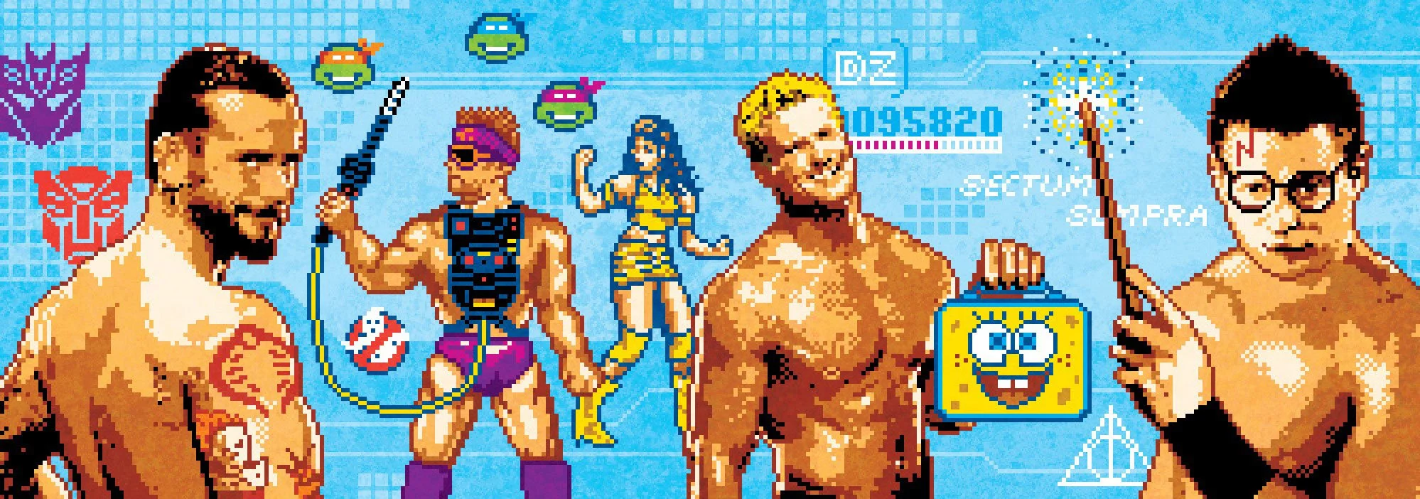 Pixel art 8-bit portrait of various WWE wrestlers engaging in their nerdy hobbies by illustrator Jude Buffum