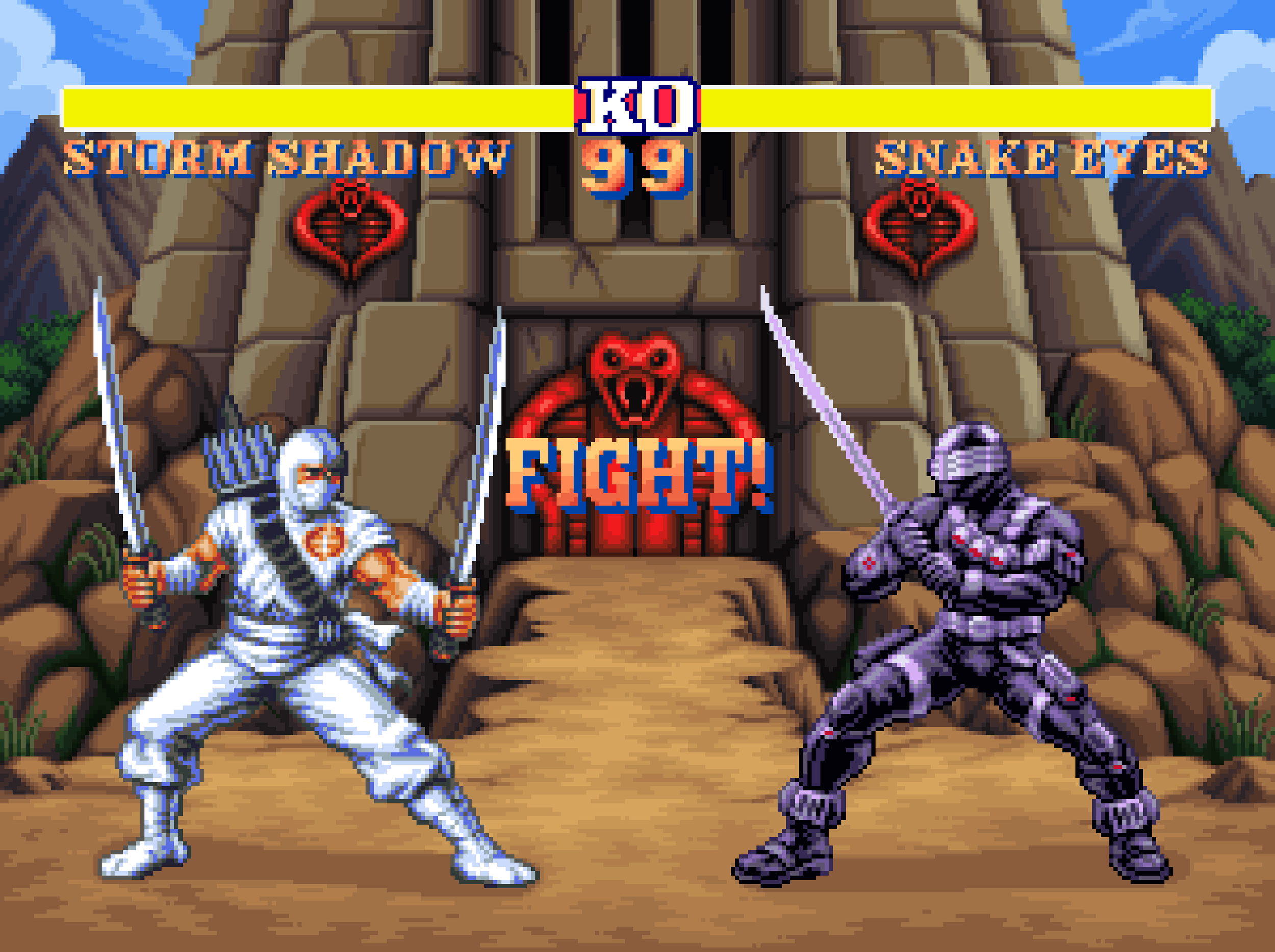 16-bit pixel art of G.I. Joe’s Storm Shadow vs. Snake Eyes in a Street Fighter-style fighting game matchup, by illustrator Jude Buffum for Paramount Pictures