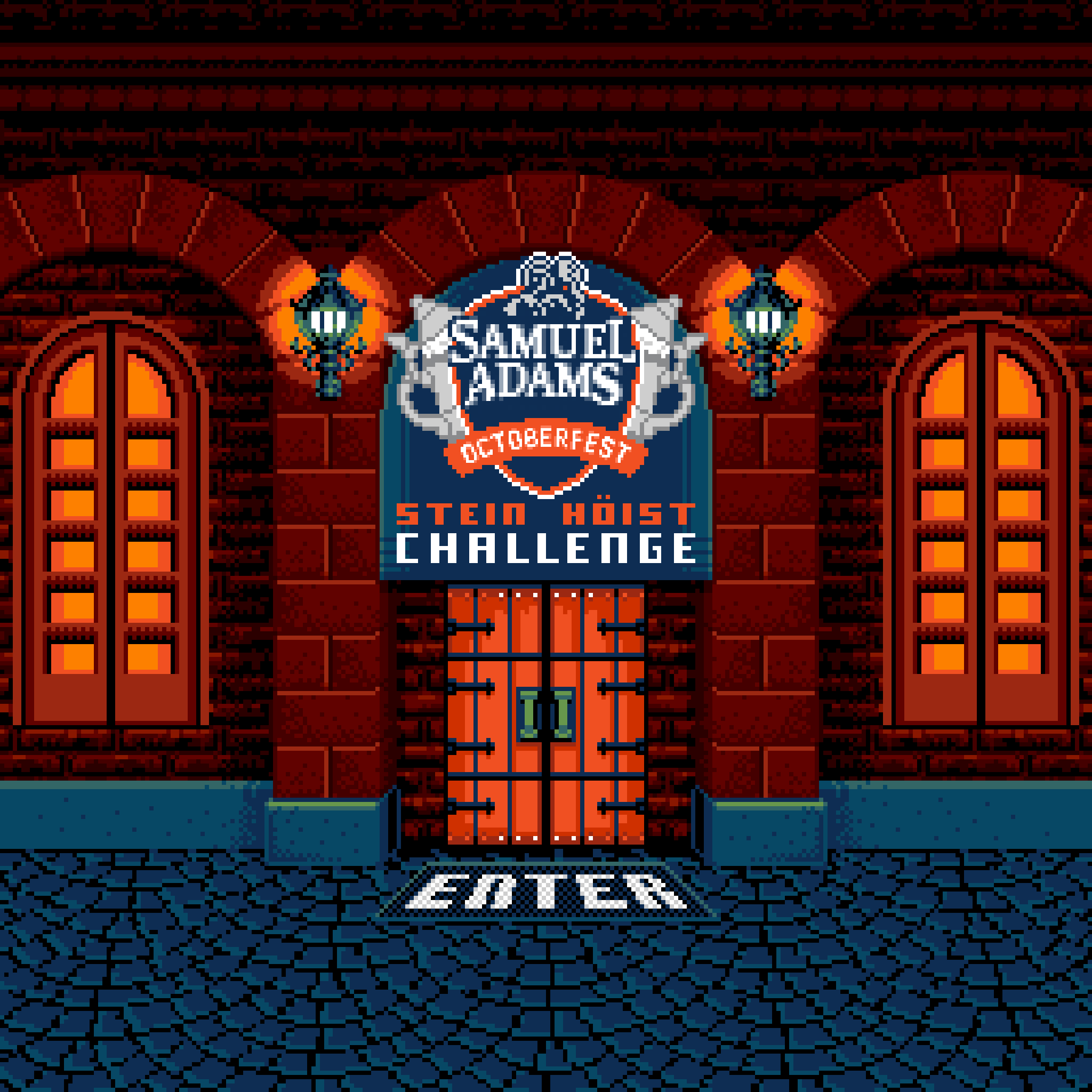 Pixel art game asset title screen pub exterior for the Sam Adams Octoberfest interactive campaign, featuring 8-bit typography and art for a virtual stein-hoisting competition, by Jude Buffum.