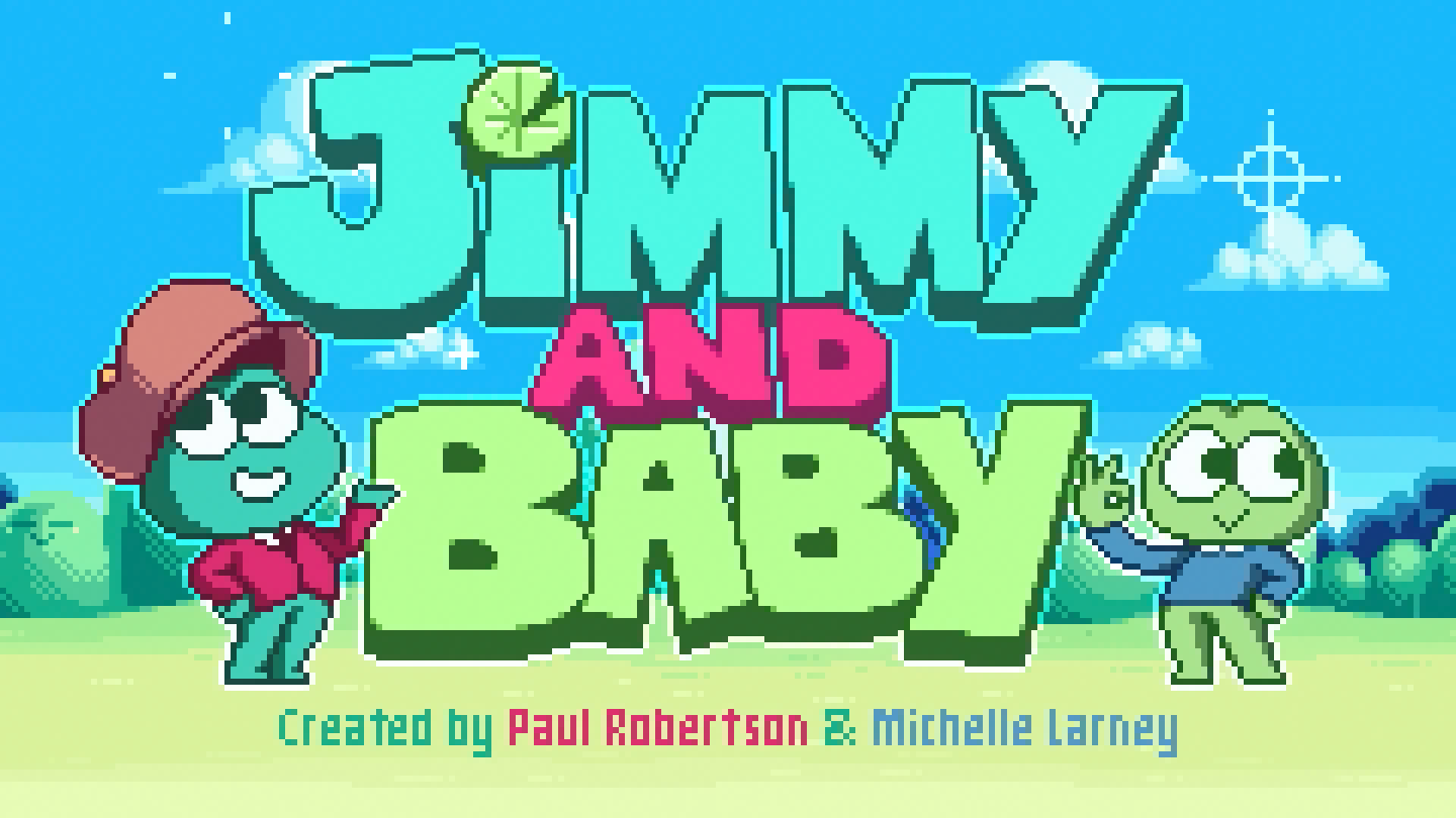 Pixel art title screen from the animated series Jimmy and the Pulsating Mass, showing colorful cartoon characters and bold pixel typography against a bright sky backdrop.
