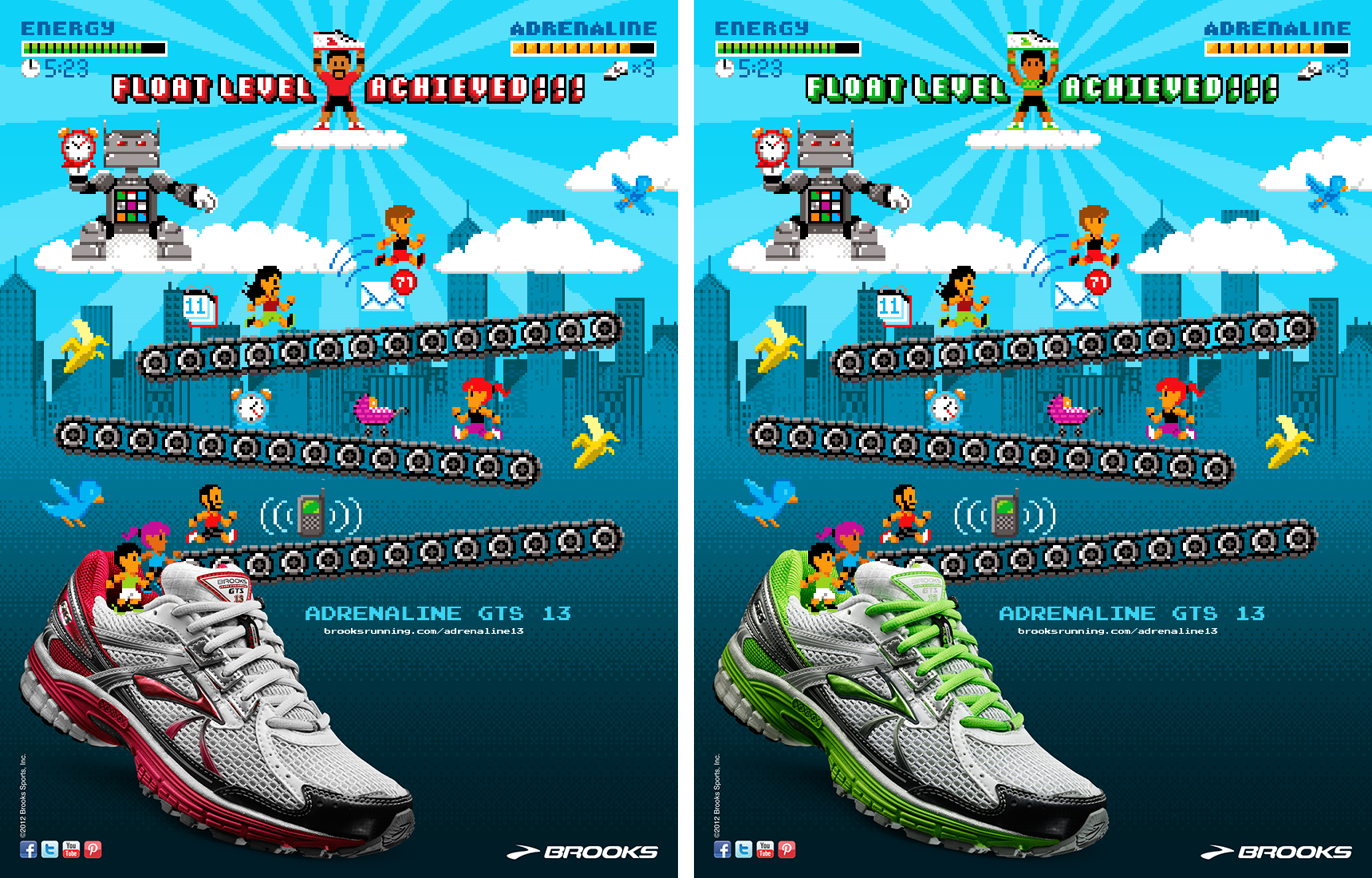 Pixel art advertisement for Brooks Running Adrenaline GTS, depicting a runner navigating a vertical platformer game level where daily responsibilities are obstacles, illustrated by Jude Buffum.
