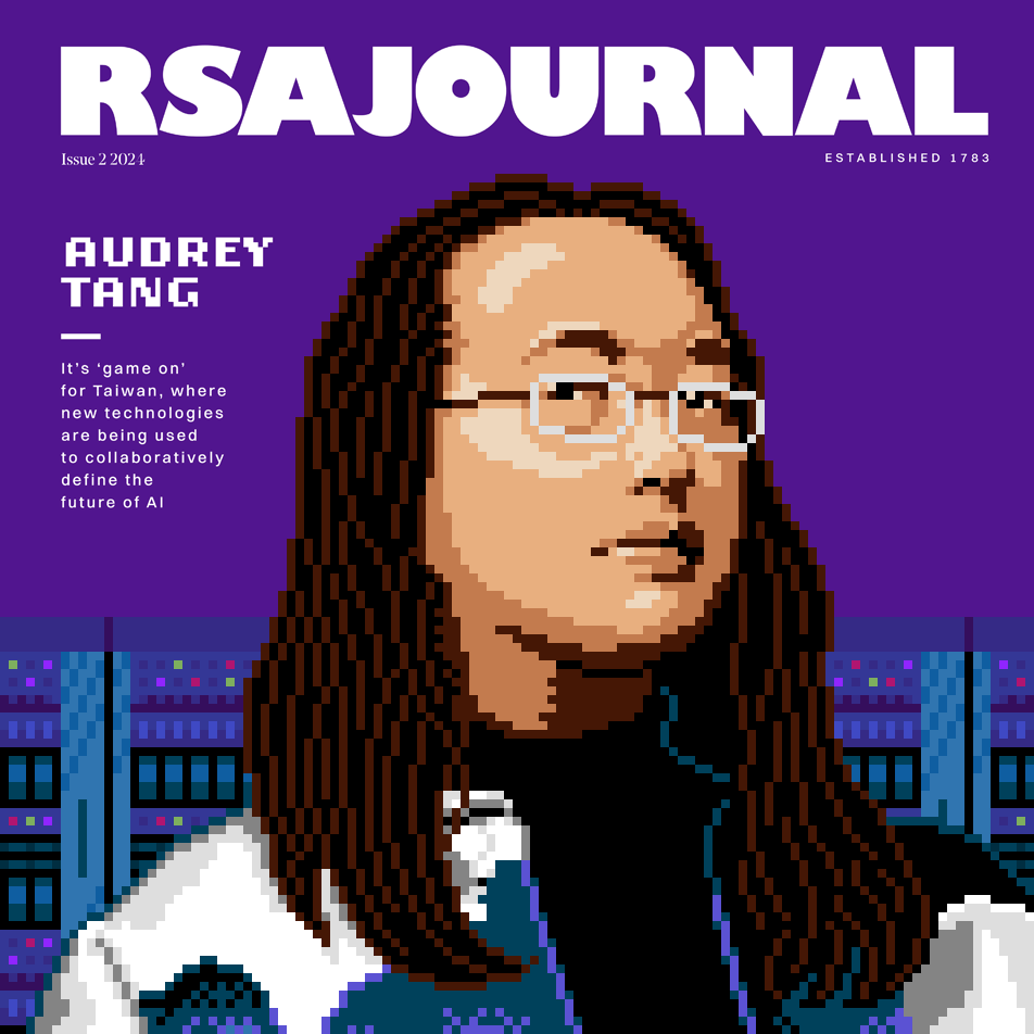 Pixel art 8-bit portrait of Audrey Tang by illustrator Jude Buffum