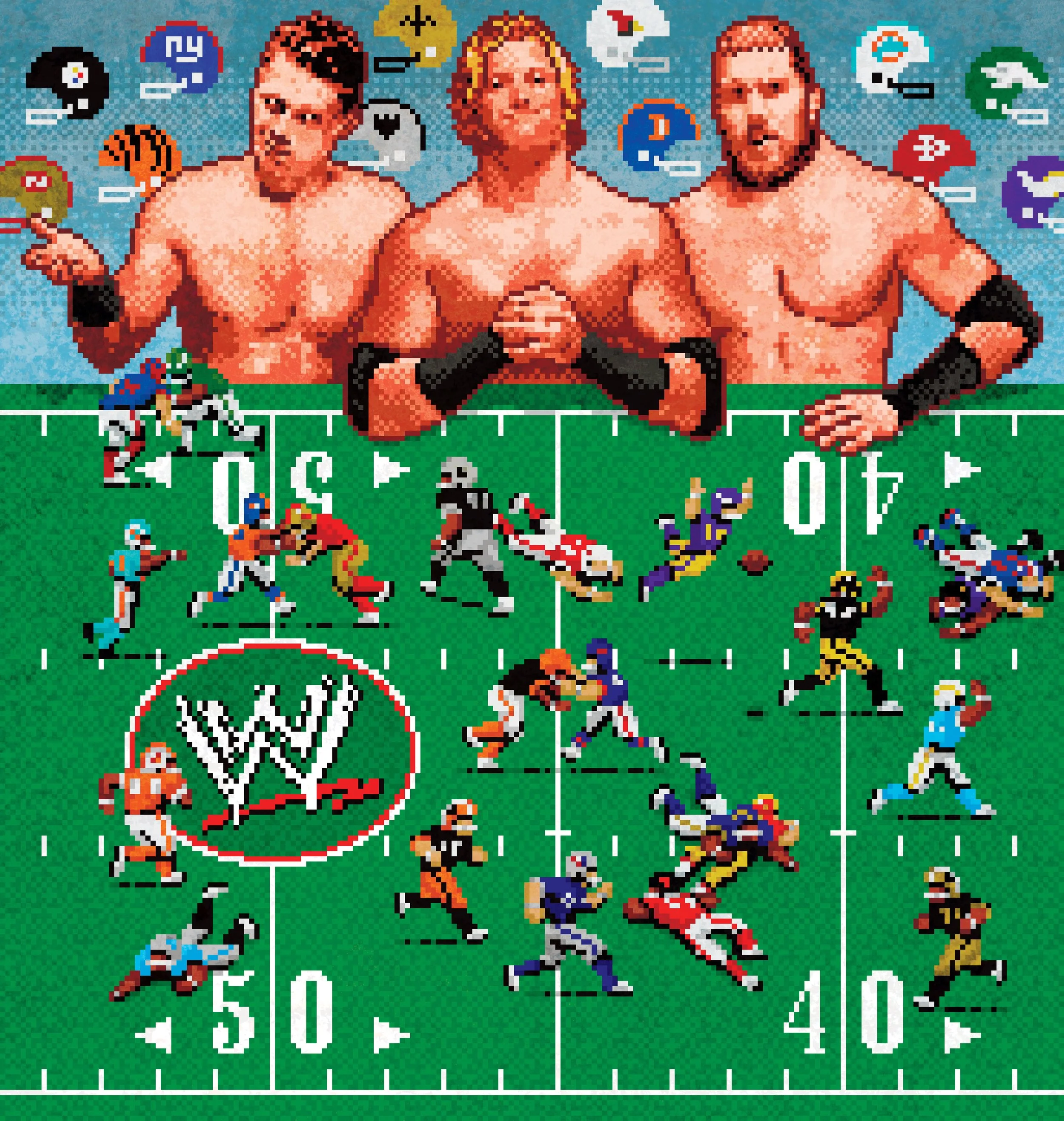 Pixel art 8-bit portrait of WWE wrestlers overlooking a football field by illustrator Jude Buffum