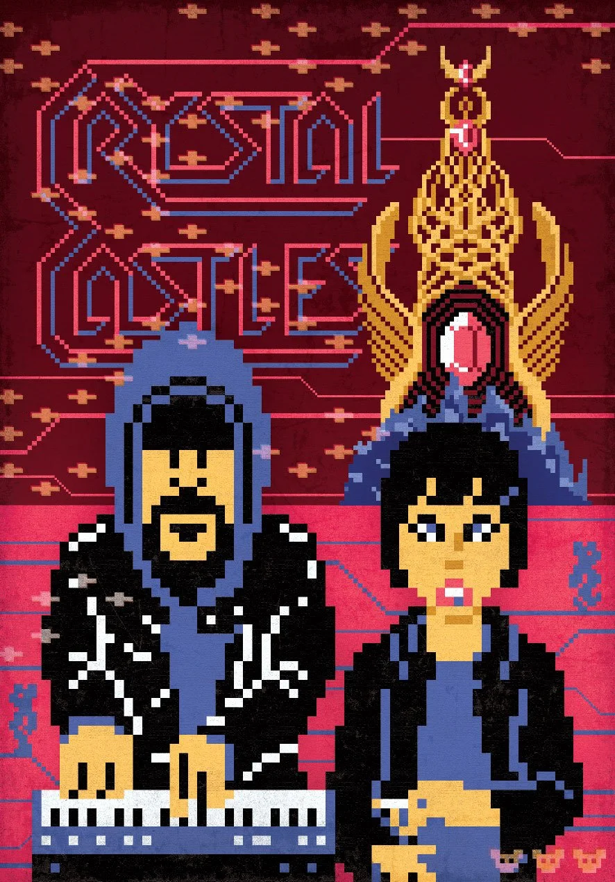 Pixel art portrait of the band Crystal Castles for Mixmag, incorporating elements from the 1983 arcade game of the same name, by Jude Buffum.