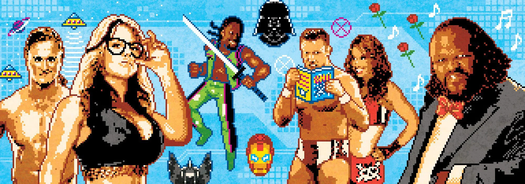 Pixel art 8-bit portrait of various WWE wrestlers engaging in their nerdy hobbies by illustrator Jude Buffum