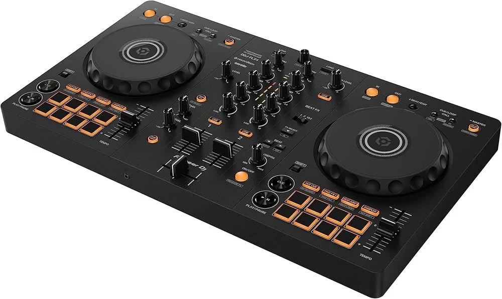 DJ controller with buttons, knobs, and jog wheels for mixing music.