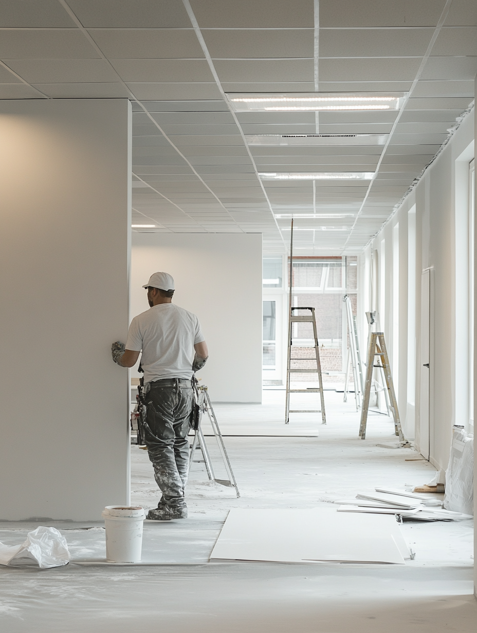 Ein Handwerker in Schutzkleidung arbeitet in einem fast leeren Raum mit weißen Wänden und Decken. Leitern und Bauwerkzeuge sind im Hintergrund zu sehen.