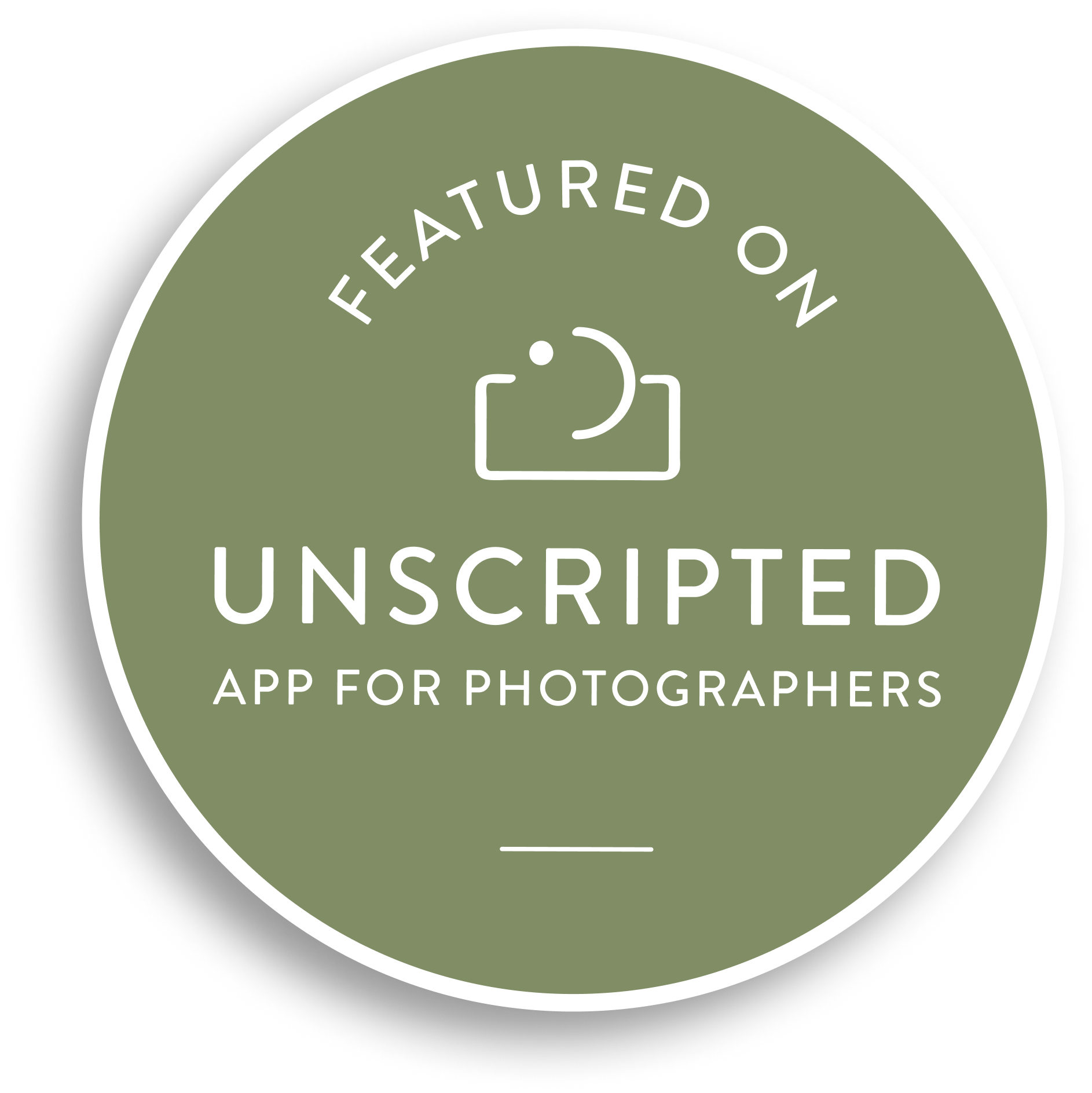 Green circular badge with white text labeling features transferred on unscripted app for photographers, with an icon of a camera and a smiley face.