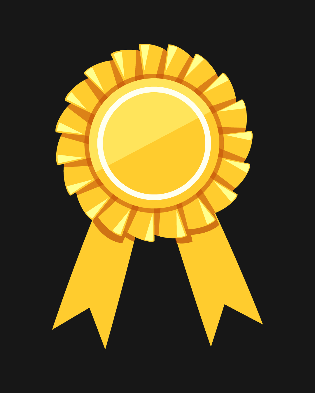 A golden award ribbon with a circular center and two hanging ribbons on a black background.