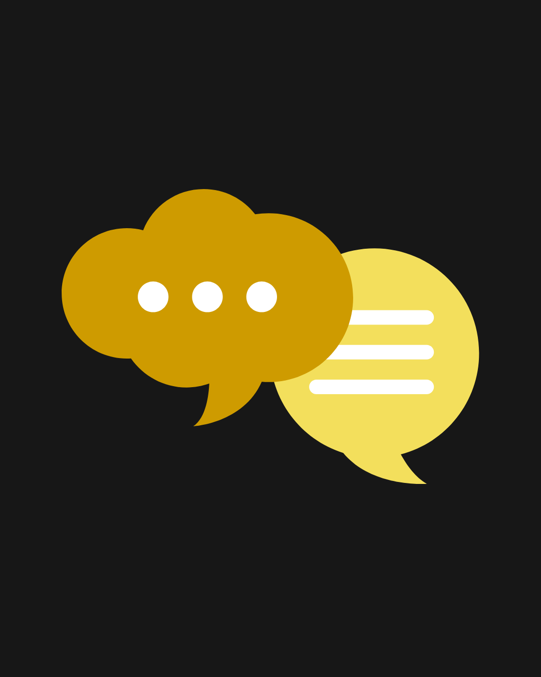 Two speech bubbles, one gold with three dots and one yellow with three lines, on a black background.