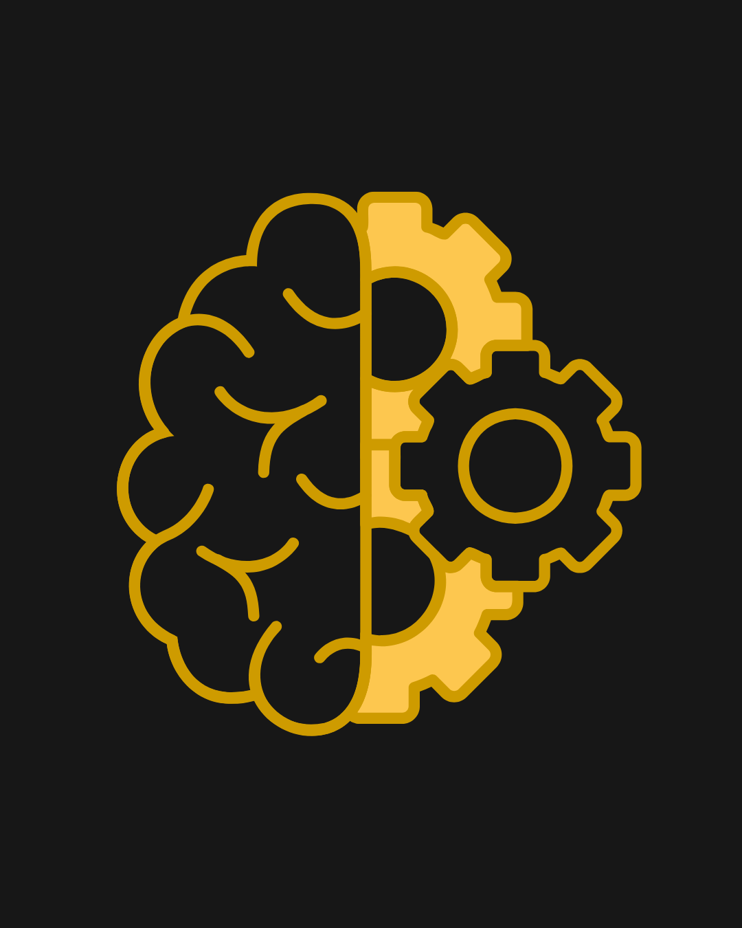 A graphic illustration of a brain combined with gears, symbolizing intelligence and machinery, on a black background.