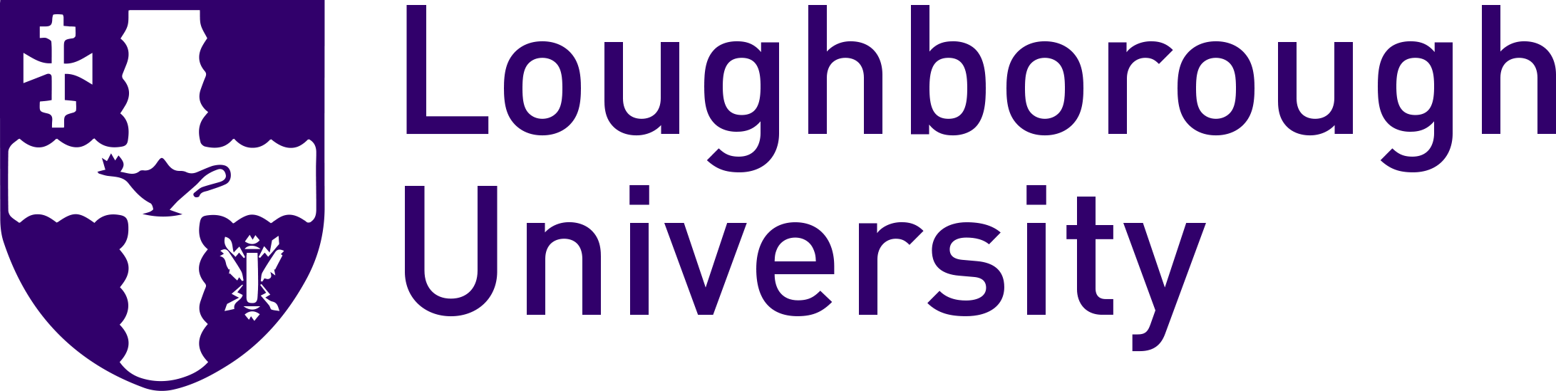 Loughborough University logo with a shield featuring a lamp, a lion, and a cross.