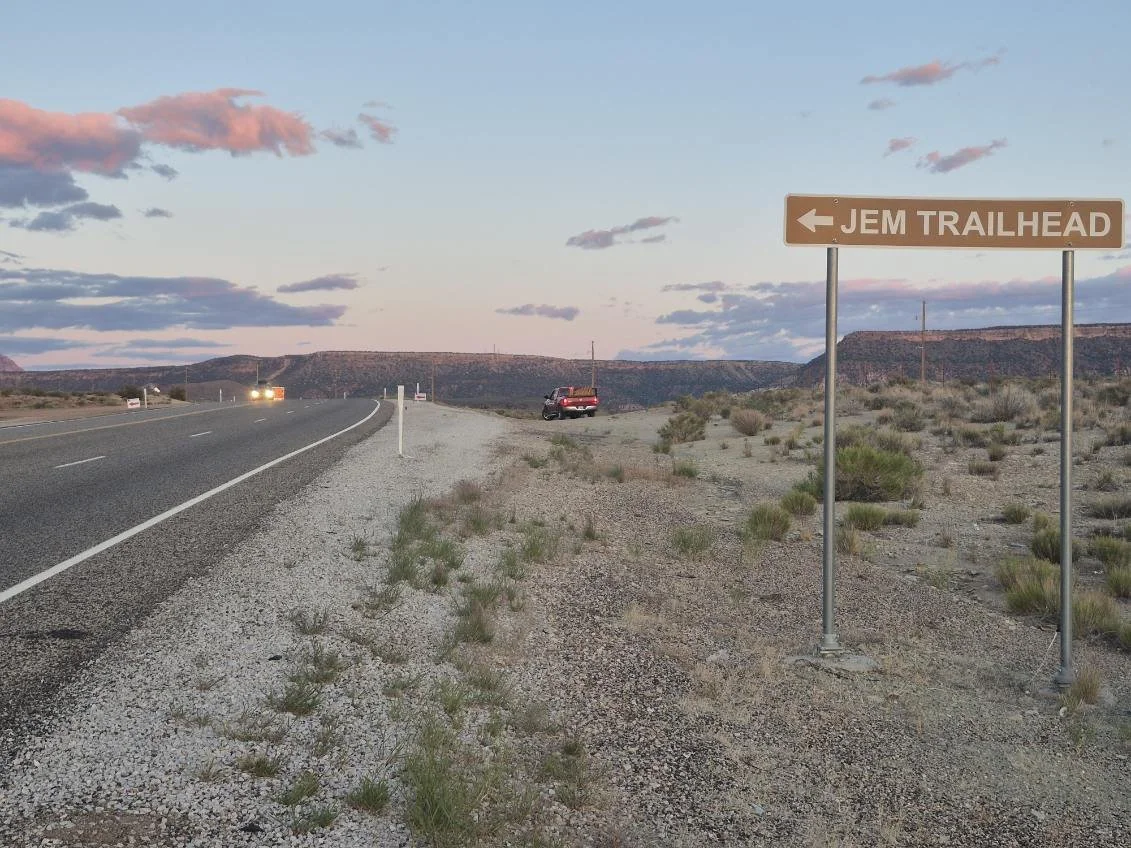 Jem trailhead sign, just before the turnoff for the Dark Skies Astronomy Tours location on HWY 59 between Hurricane and Apple Valley Utah