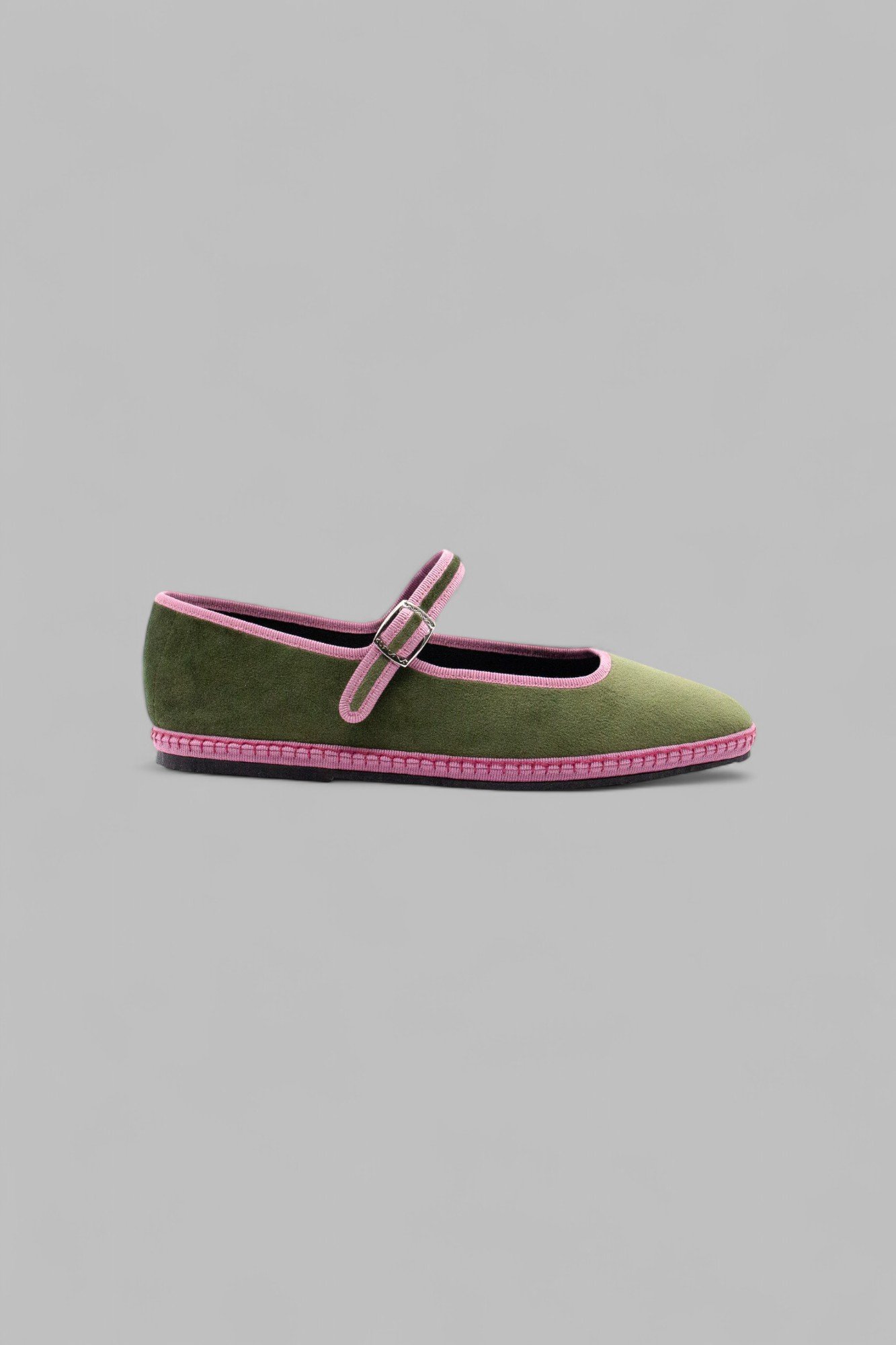 Side view of handmade moss green velvet Mary Jane Friulana flat