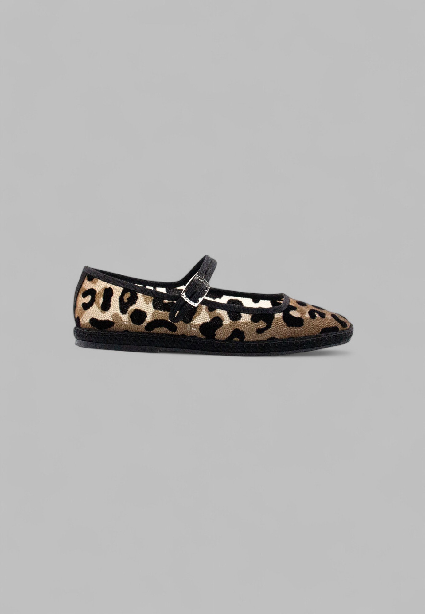 Side view of handmade jaguar print mesh Mary Jane Friulana flat