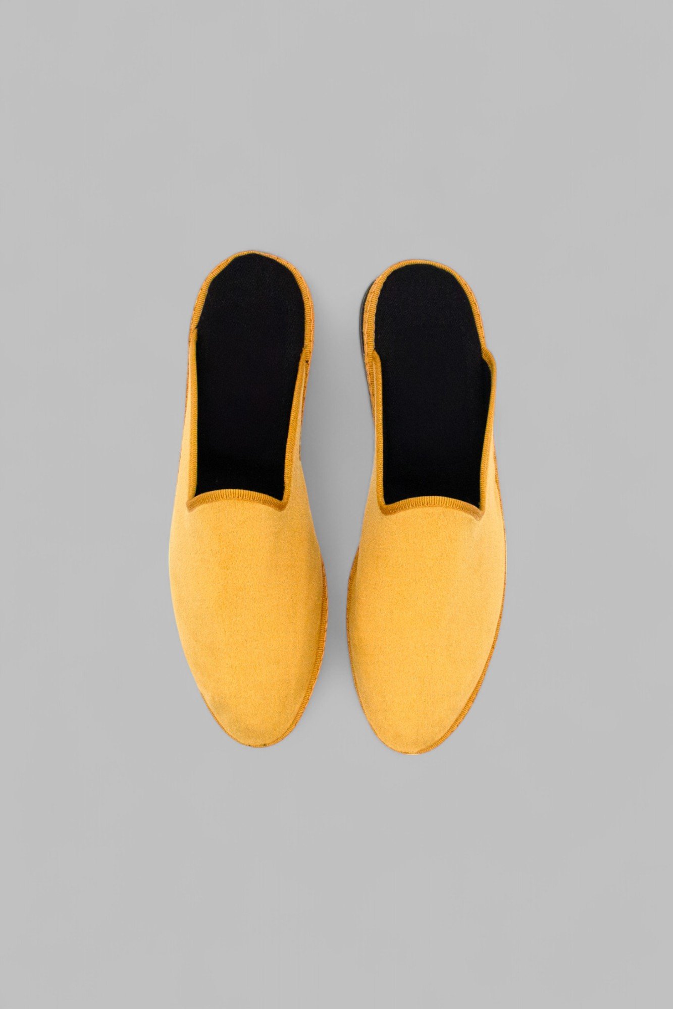 Top view of handmade golden velvet Solea Friulana mules