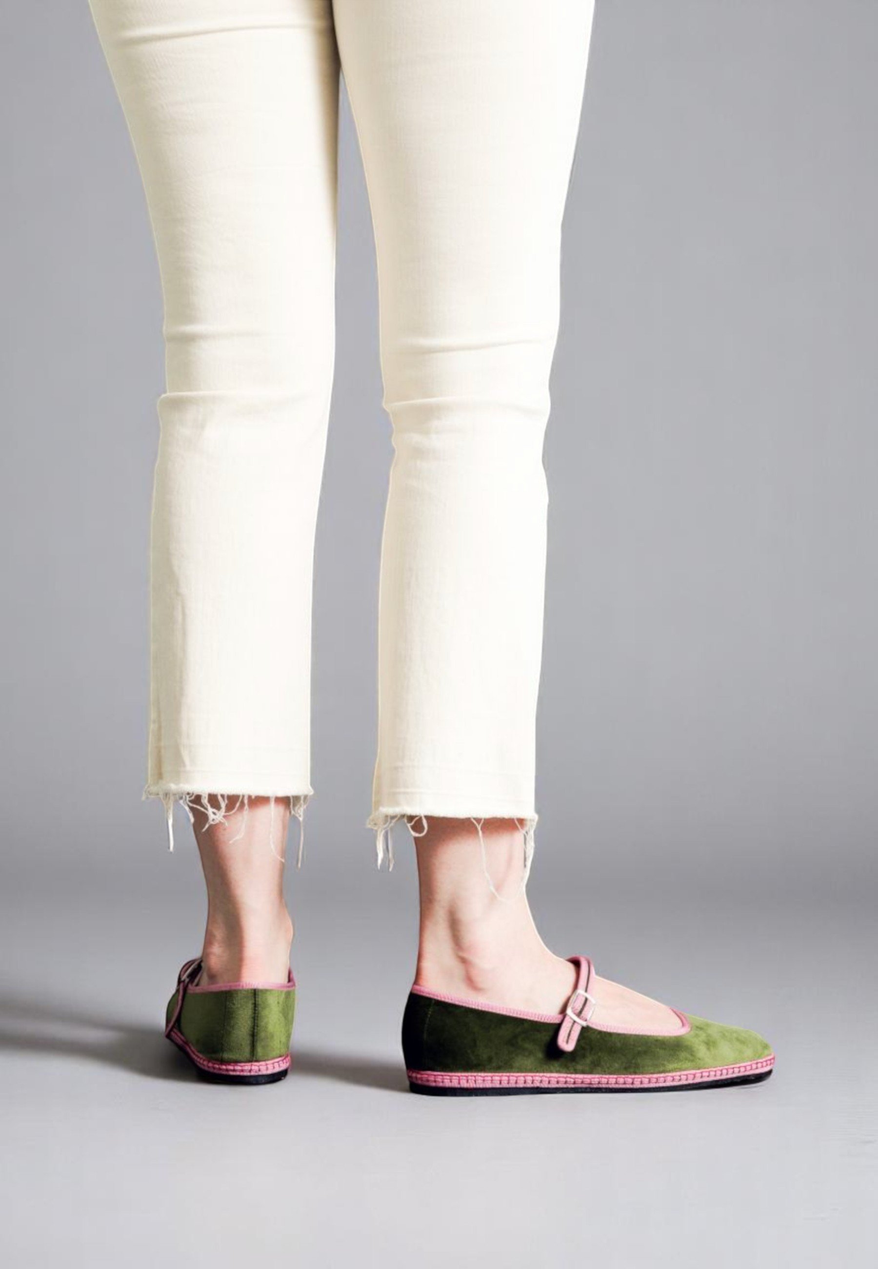 Back view of Moss velvet Mary Janes, a charming mix of edge and elegance
