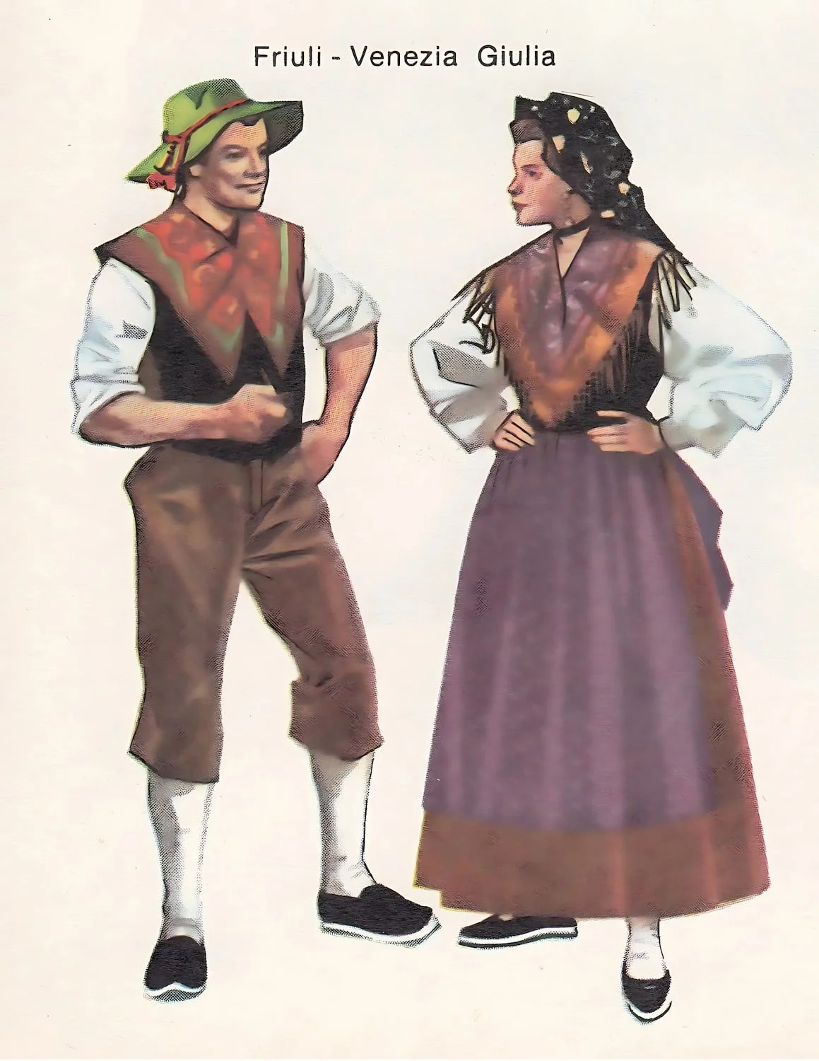 Illustration of traditional Friuli-Venezia Giulia folk costume, including handmade velvet Friulana slippers that still inspire the modern styles.