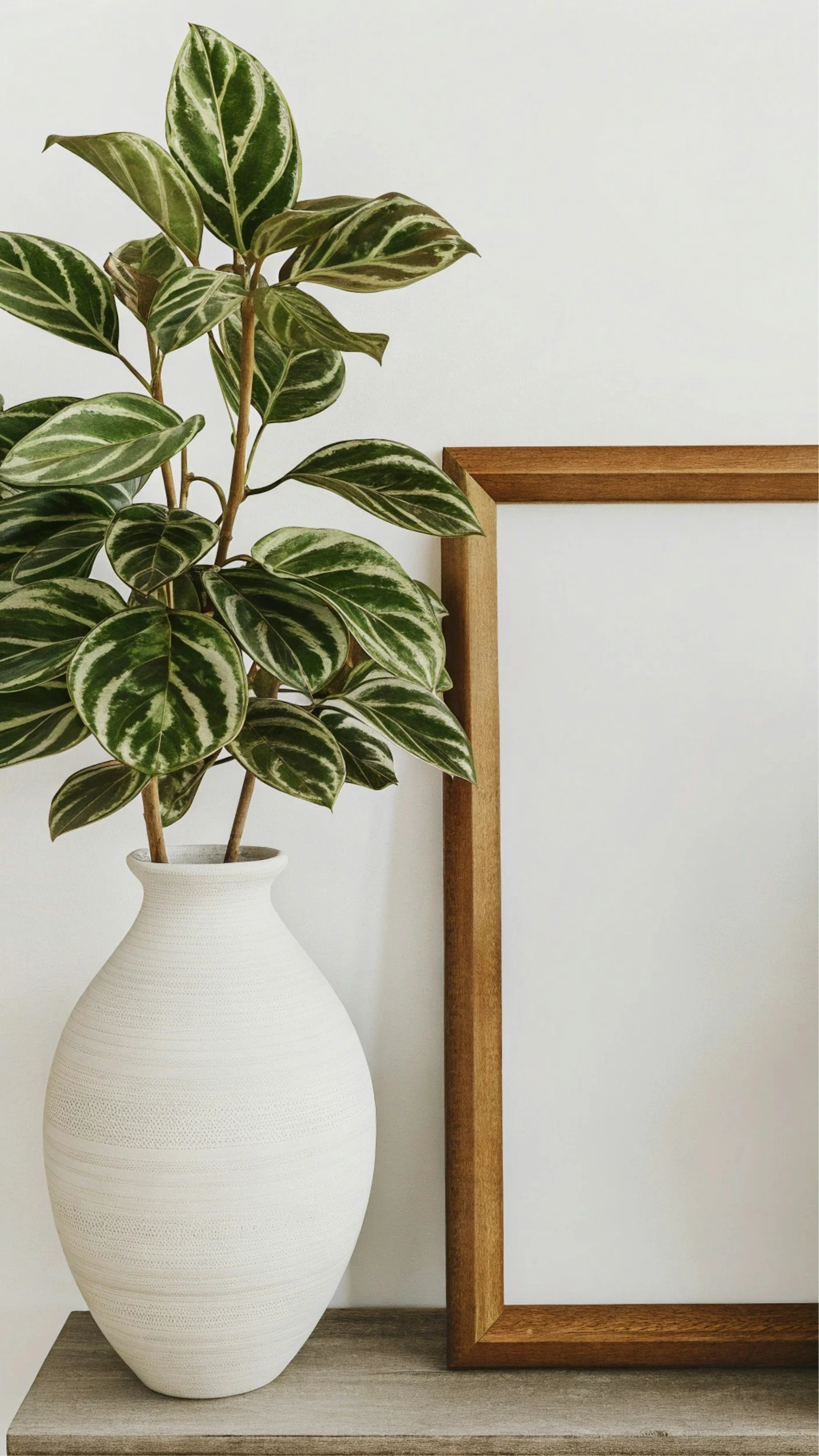 A white vase with a textured surface holds a green and white variegated plant. A wooden picture frame is positioned next to the vase on a light-colored surface against a plain white wall.