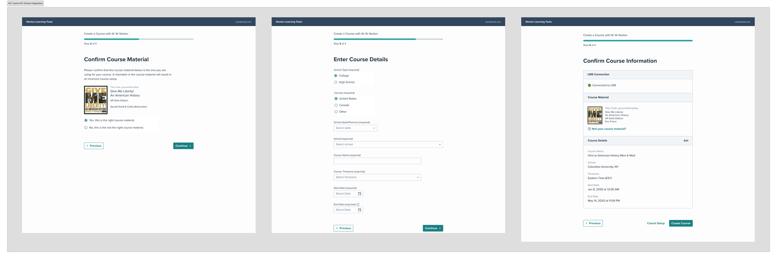 Screenshots of the course creation flow for Partner Integrations launch