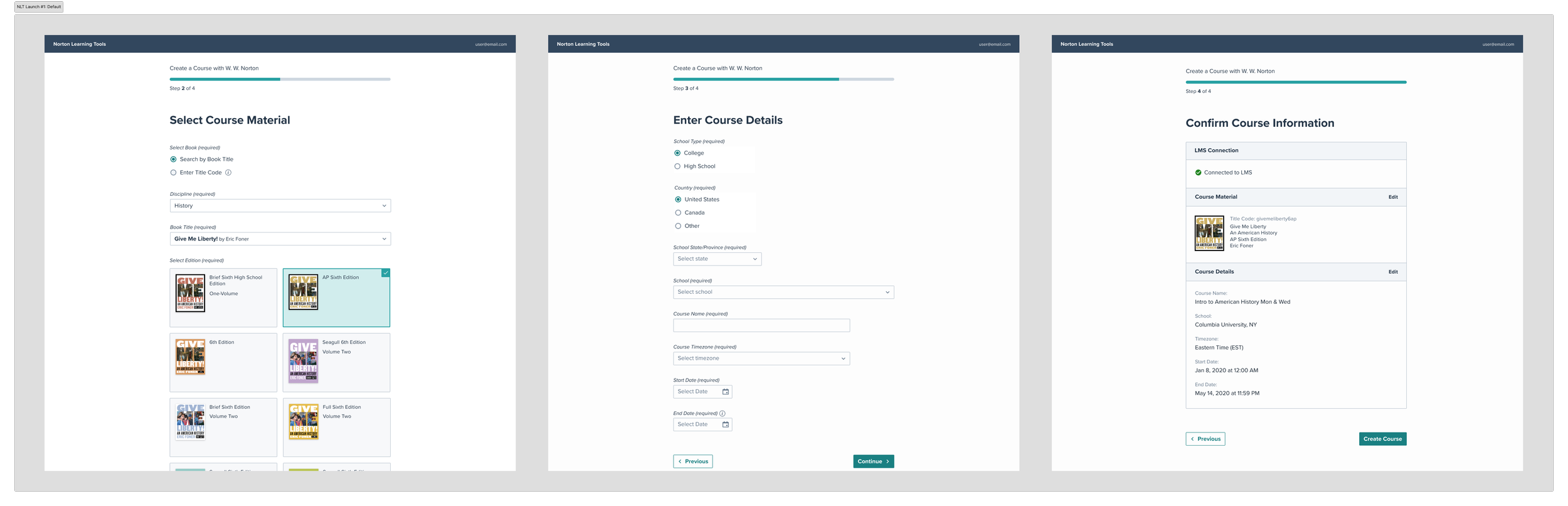 Screenshots of the course creation flow for default launch