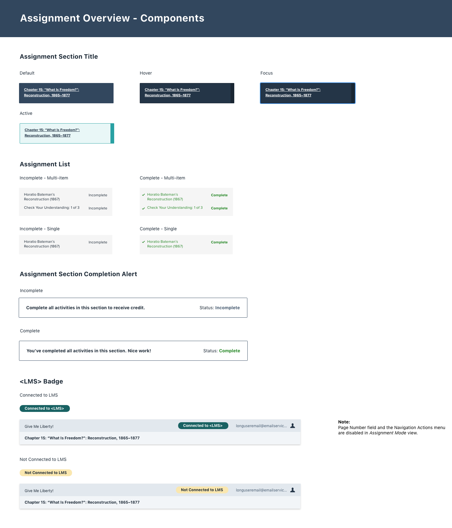 A screenshot containing the assignment overview components.