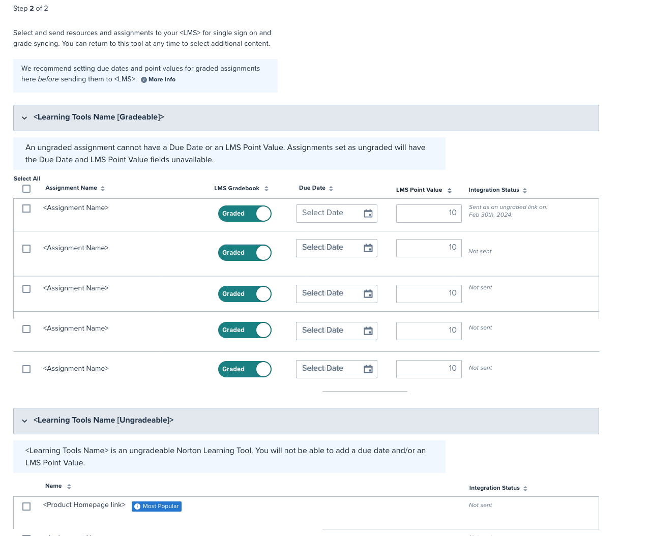 A screenshot of early concepts for the redesigned Deep Linking Tool, displaying the ability to select specific assignments.