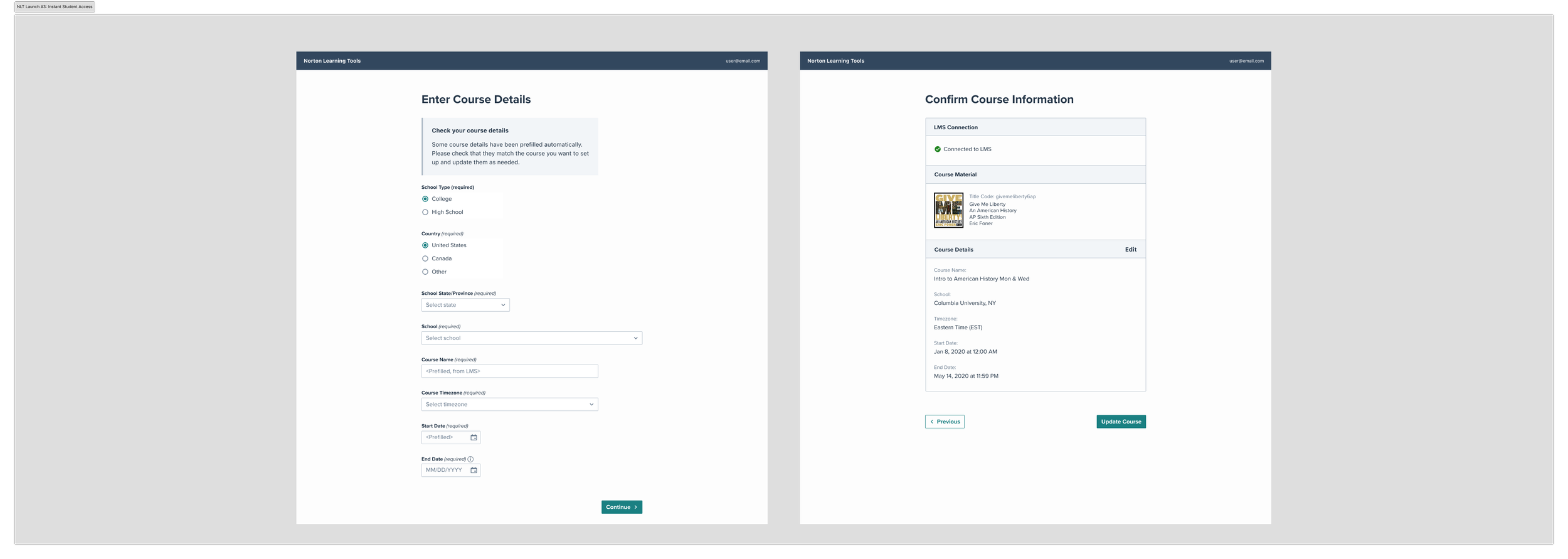 Screenshots of the course creation flow for Instant Student Access launch