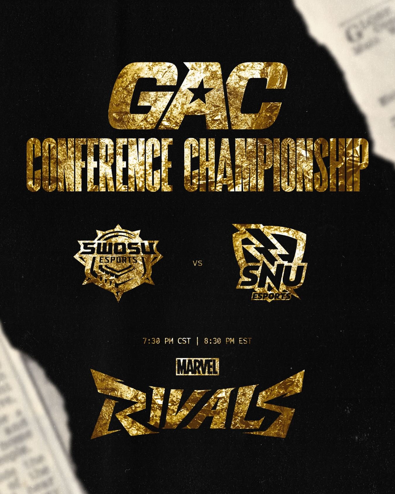 Tonight at 7:30 PM, SWOSU Esports takes on Southern Nazarene University in the GAC Marvel Rivals Championship! 

Don&rsquo;t miss a second of the action as our Bulldogs battle for the title!

📅 Tonight
⏰ 7:30 PM
🎮 Marvel Rivals &mdash; GAC Champion