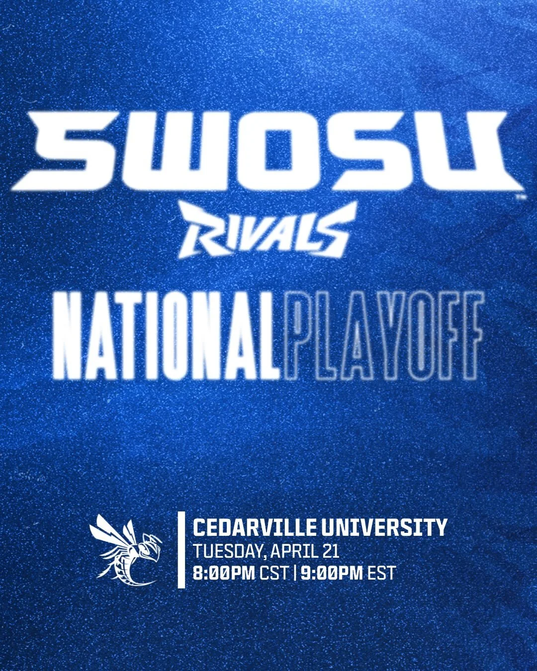 🚨 MATCH DAY 🚨

Your SWOSU Rivals take on Cedarville University tonight in the FIRST ROUND of the National Playoffs 🏆

🕗 8:00 PM 

Starting Lineup:
⚡ Zane 
⚡ Muffin 
⚡ Virus 
⚡ Juice 
⚡ Kyroh 
⚡ Teo 

#swosu #swosuesports #dawgsontop