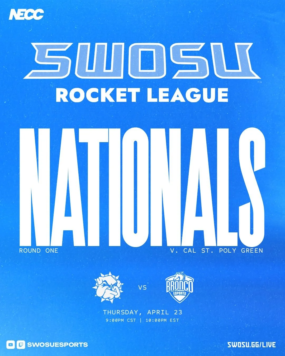 ‼️ Rocket League | National Playoffs ‼️

Round 1 is set.

SWOSU Rocket League faces off against California State Polytechnic University Green tomorrow.

🗓️ April 23
🕘 9:00 PM CST
🏆 National Playoffs | Round 1

Starting Lineup:
⚡ Drew
⚡ ApplebeesBa