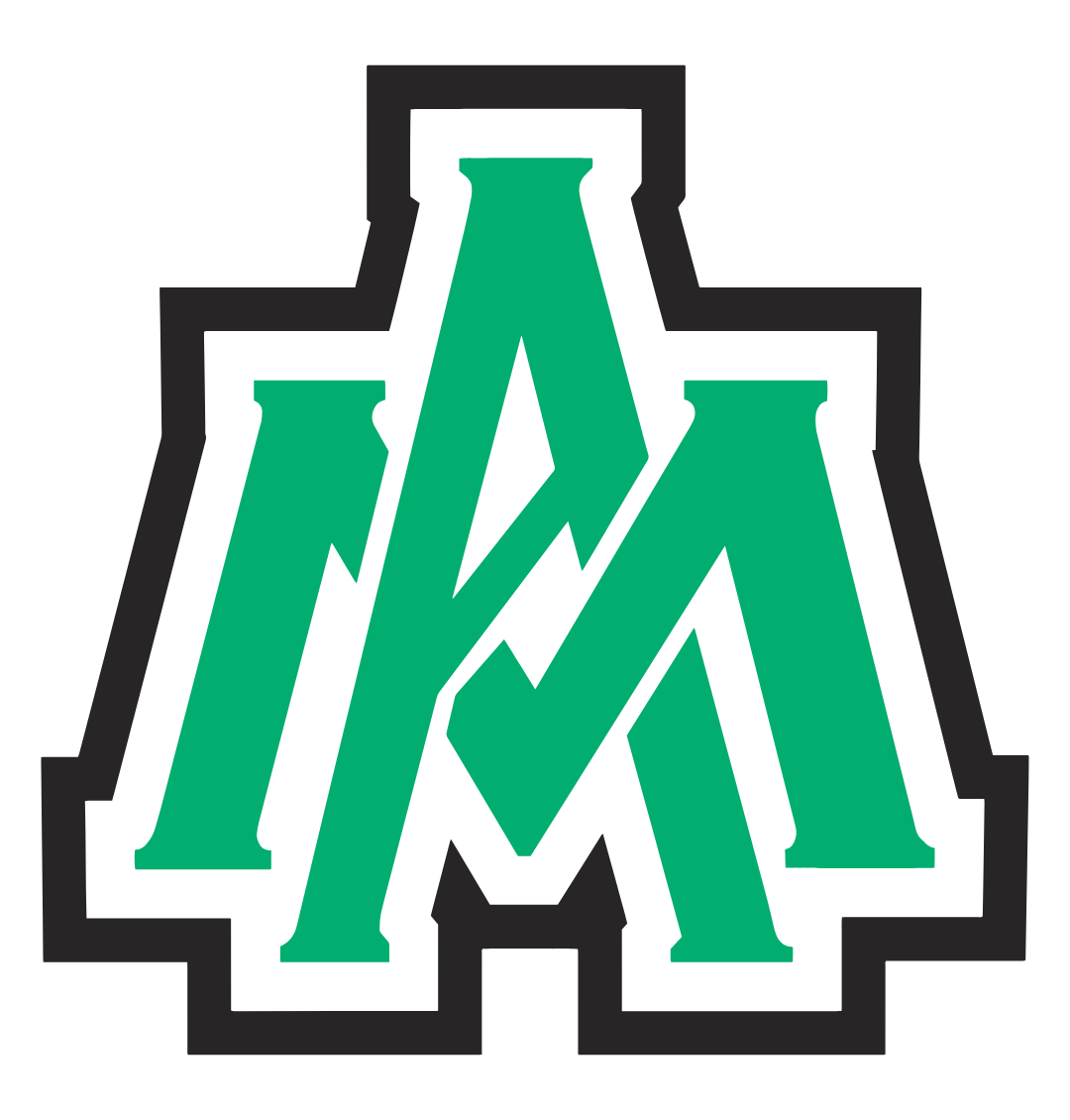 The logo of the University of Arkansas at Monticello, featuring bold green intertwined letters 'A', and 'M' outlined in black and white.