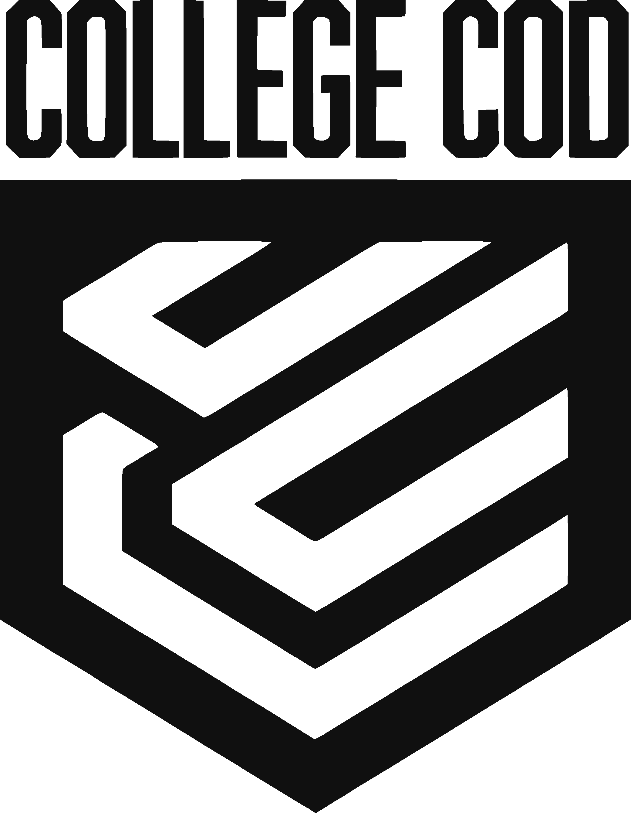 Black and white logo for 'College COD' with a large geometric 3D cube design.
