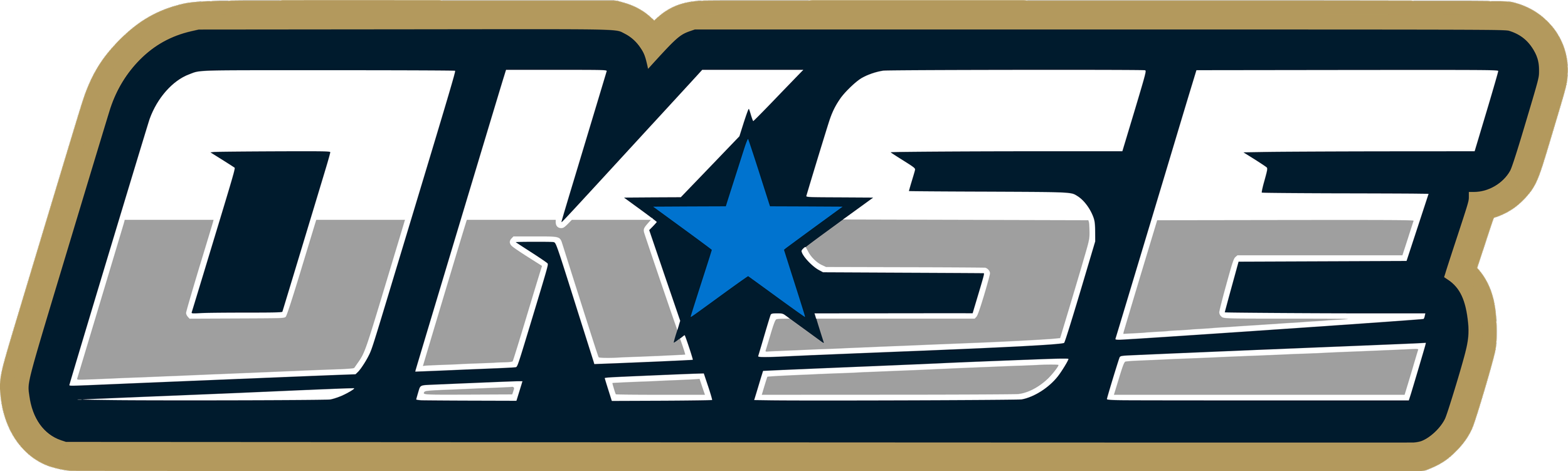 Oklahoma Scholastic Esports Logo with a star in between 'OK' & 'SE', colored in blue, gray, dark navy, and gold.