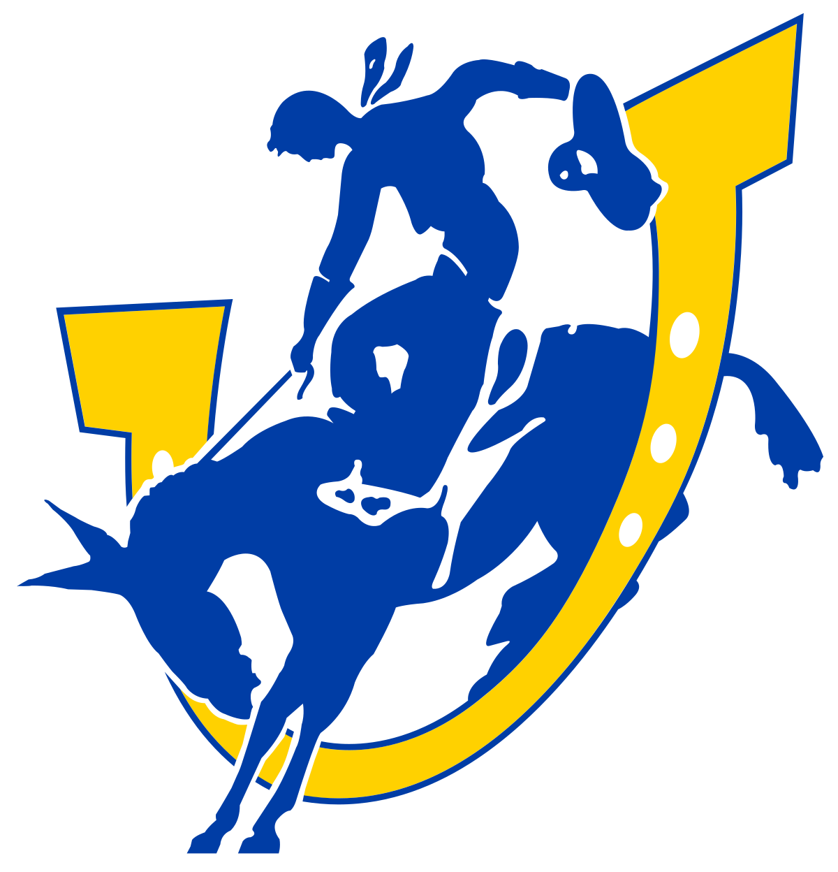 Southern Arkansas University, featuring a stylized graphic of a person riding bronco with a horseshoe in yellow and white in the background.
