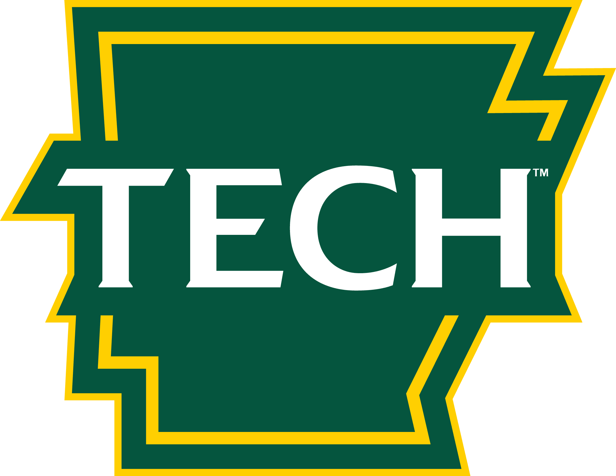 The Logo of Arkansas Tech University with the word "TECH" in white capital letters inside a green outline of the state of Arkansas with a yellow border.